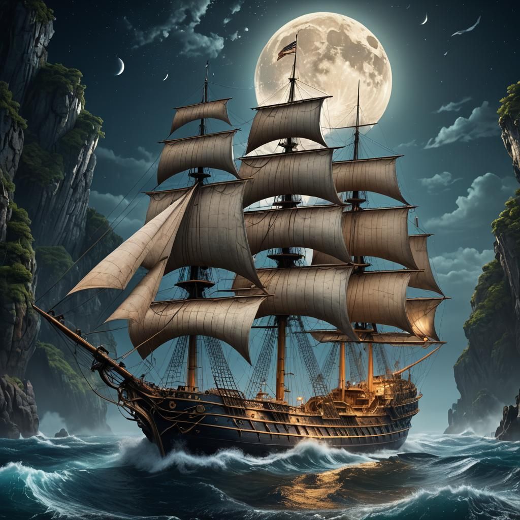 Sailing Ship on Moonlit Ocean Fantasy Concept Art