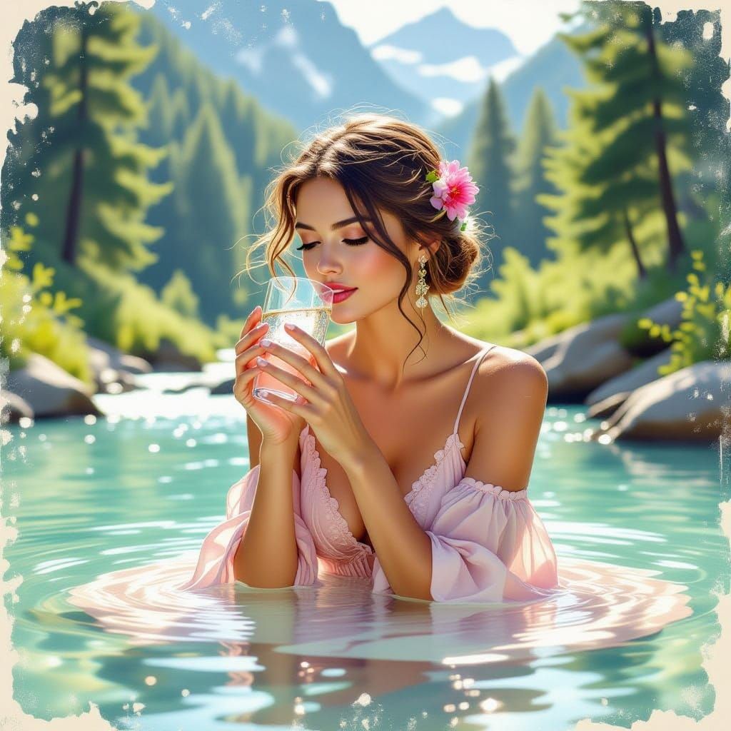 Woman Drinks From Mountain Spring in Vintage Watercolour Sty...