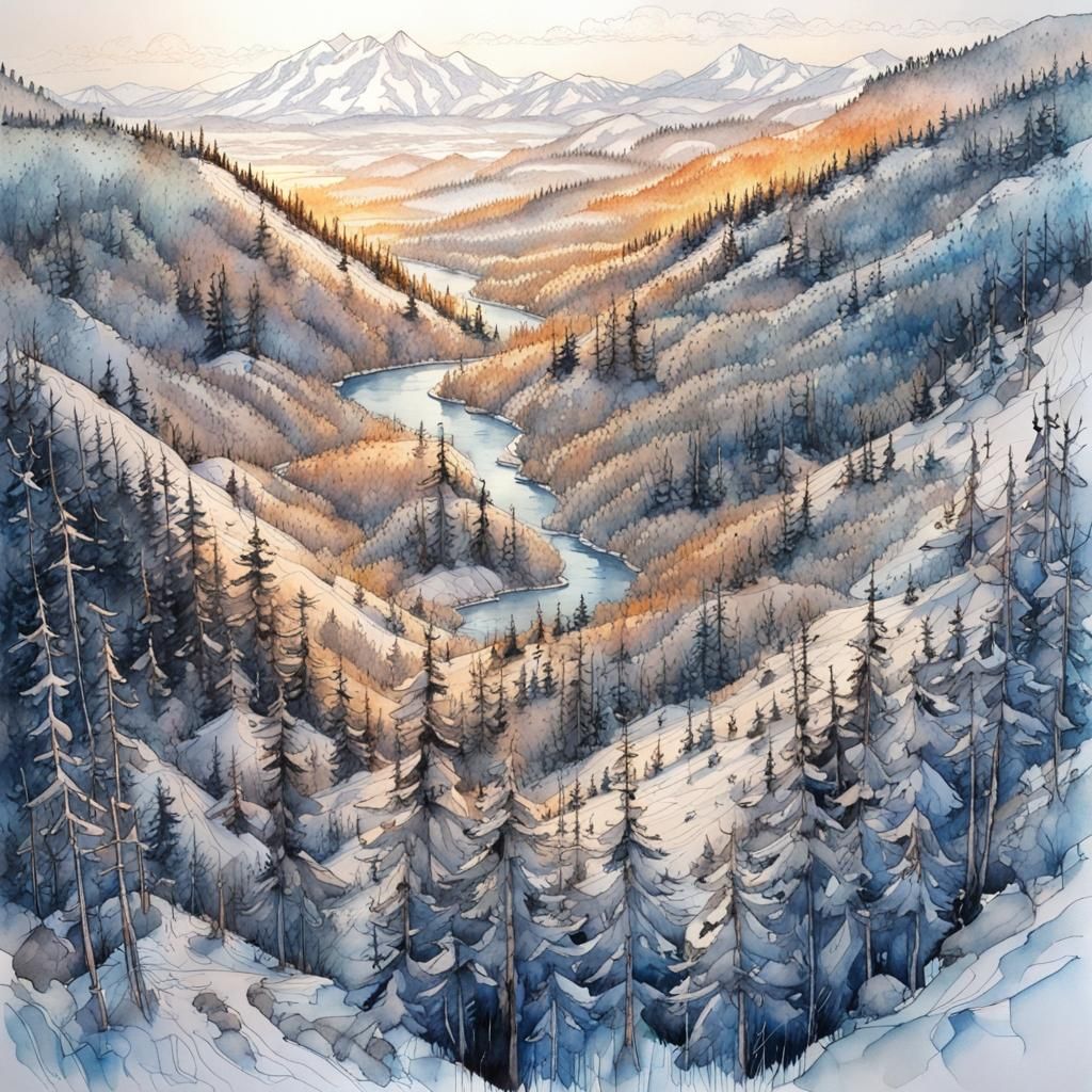 Taiga Biome Aerial View in Watercolor Style