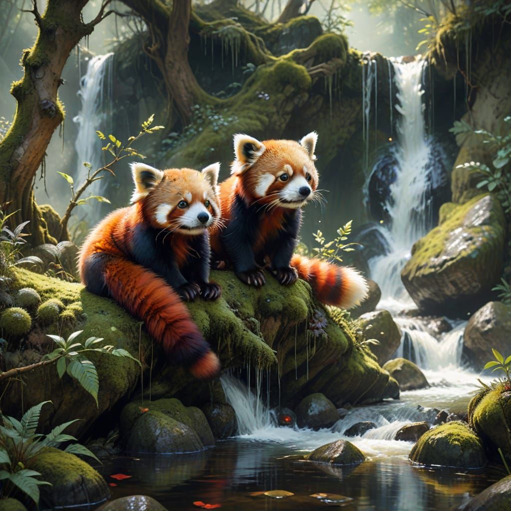 Red Pandas Relaxing in Woodland: Watercolor Art
