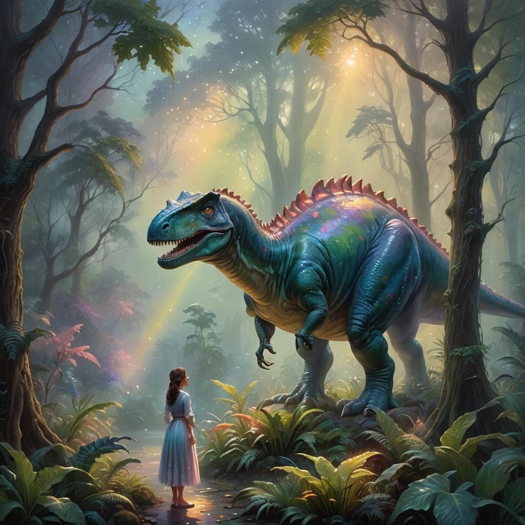 Ethereal Dinosaur Woman in Fantasy Landscape