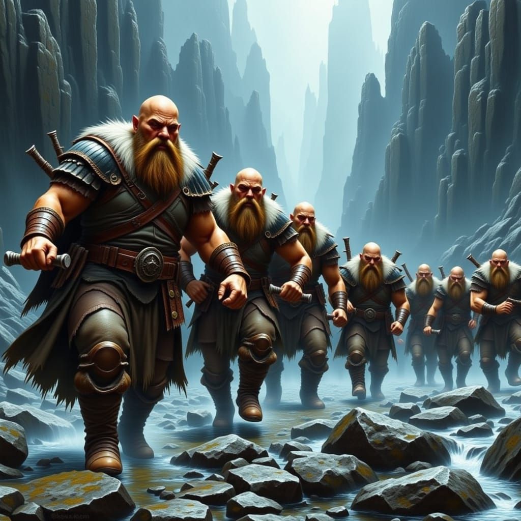 Dwarves in a Gritty Mountain Rainstorm, Inspired by Romantic...