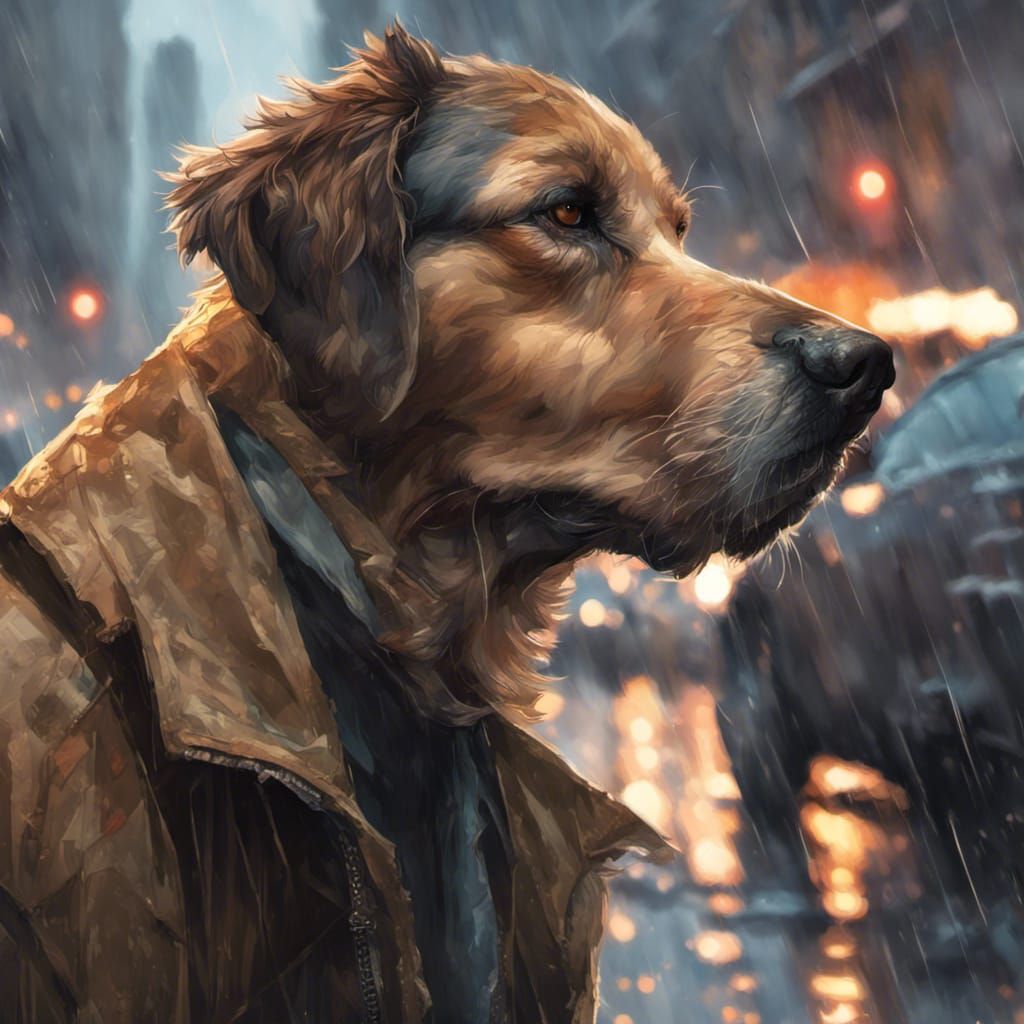 Distressed Dog Begging in Rain, Digital Art Portrait