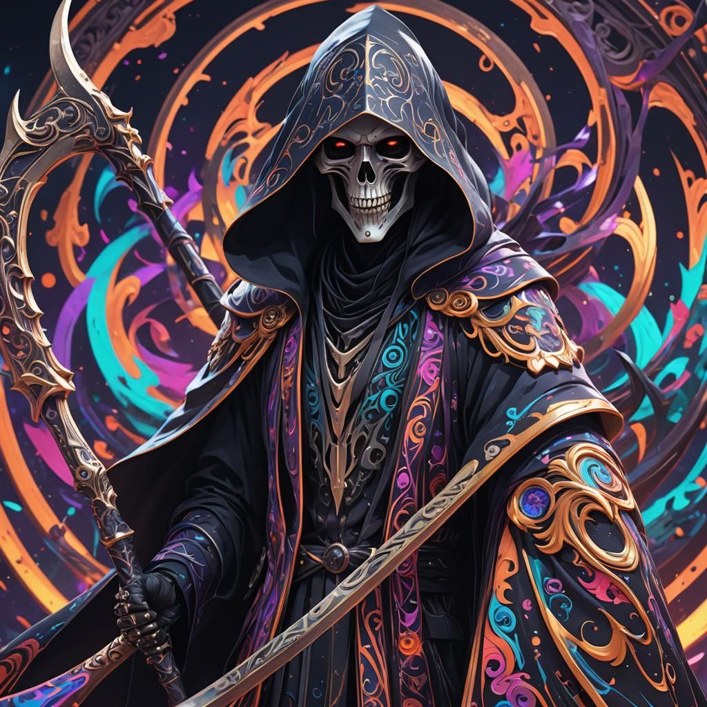 Psychedelic Grim Reaper in Stylized 3D Anime Art