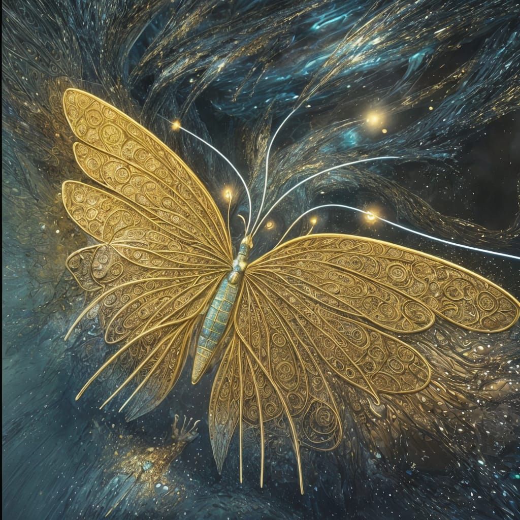 Dreamlike Robotic Butterfly in Surreal Sci-Fi Cityscape