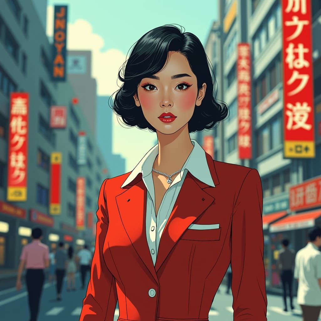 Akiko Wakabayashi in Retro Tokyo, Illustrative Style