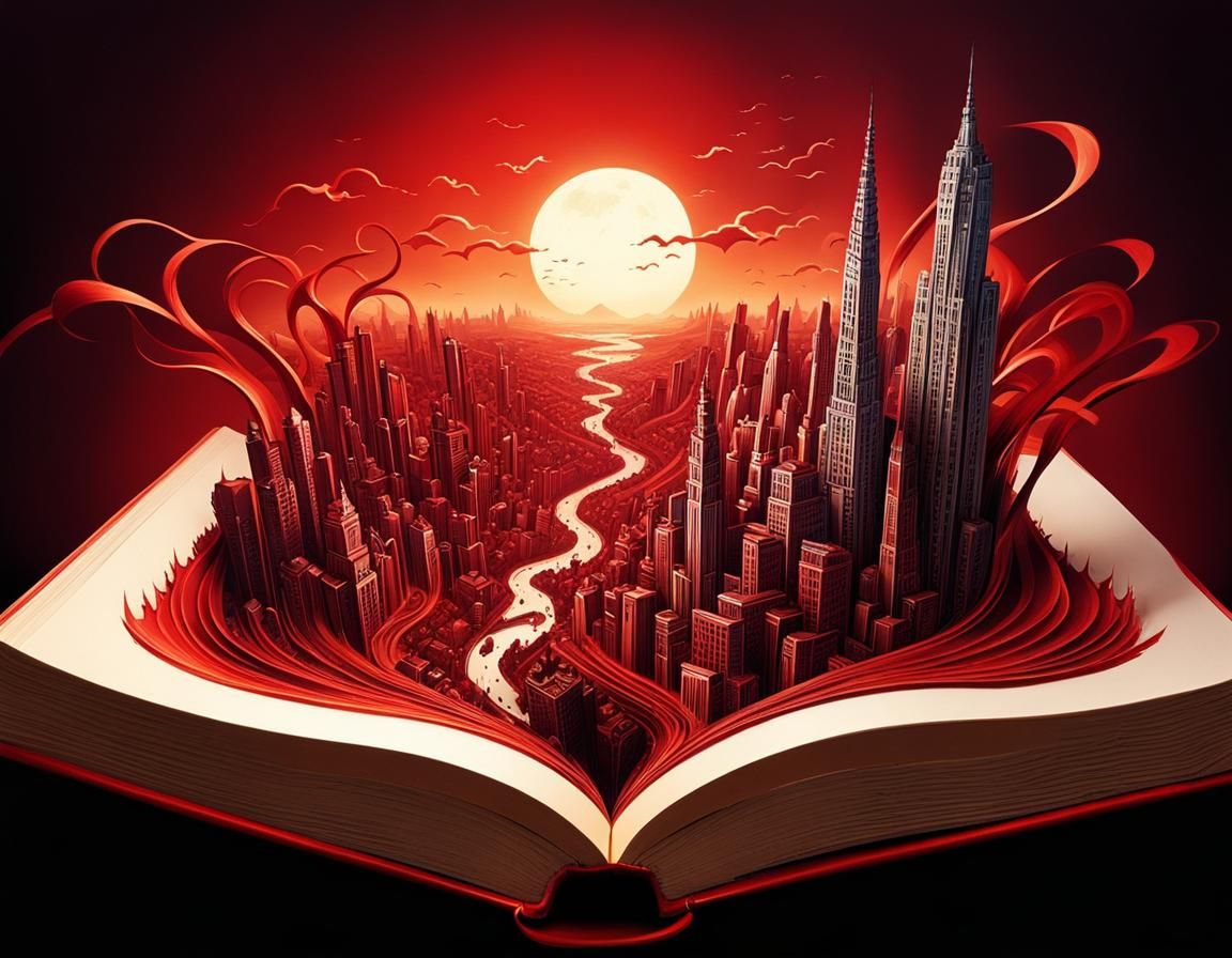 Biomechanical Cityscape Carved in Open Book