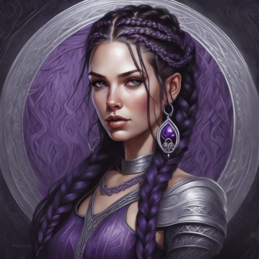 Dark-Haired Woman with Braids Fantasy Illustration