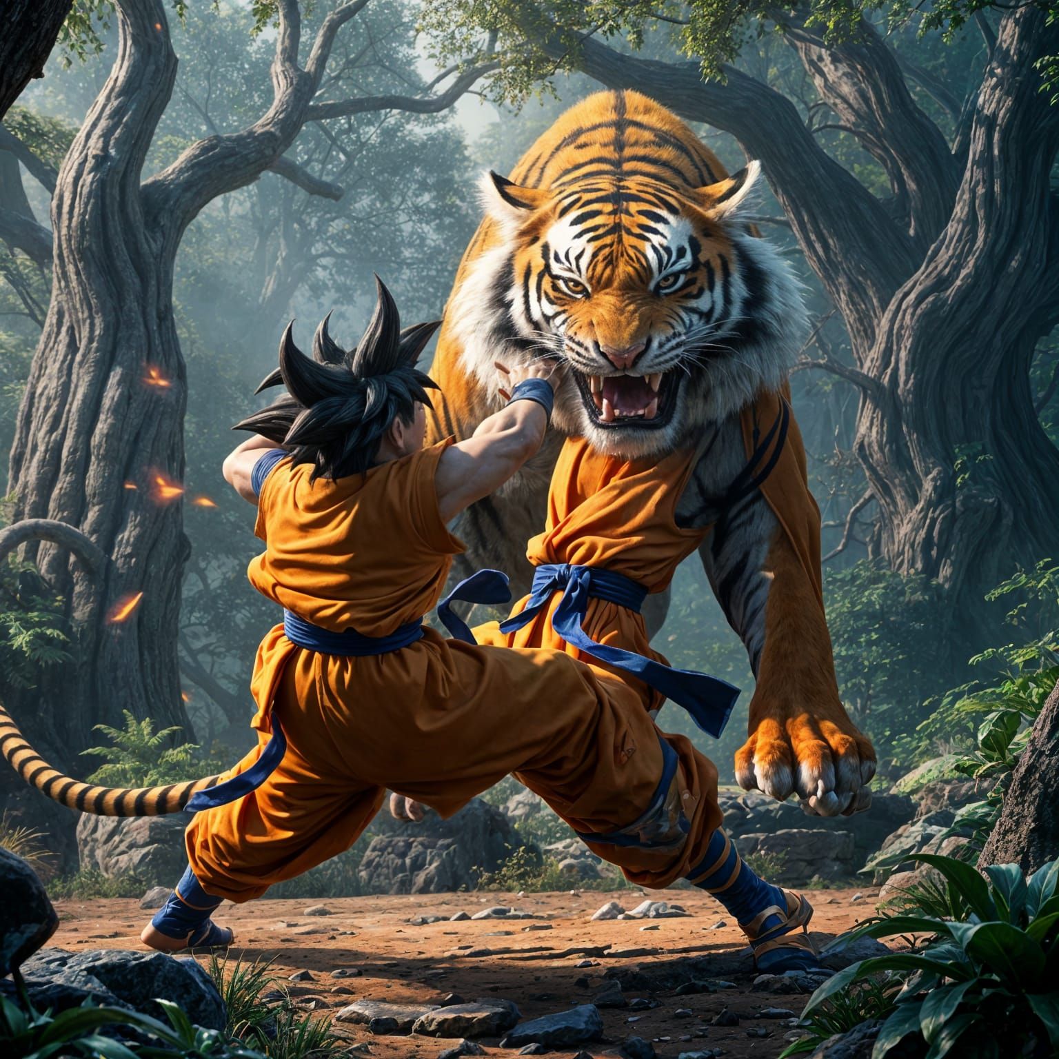 Goku vs Tiger: Detailed 3D Anime Art