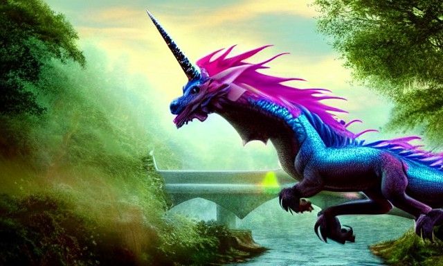 Dragon Unicorn Hybrid Flies in Magical Forest