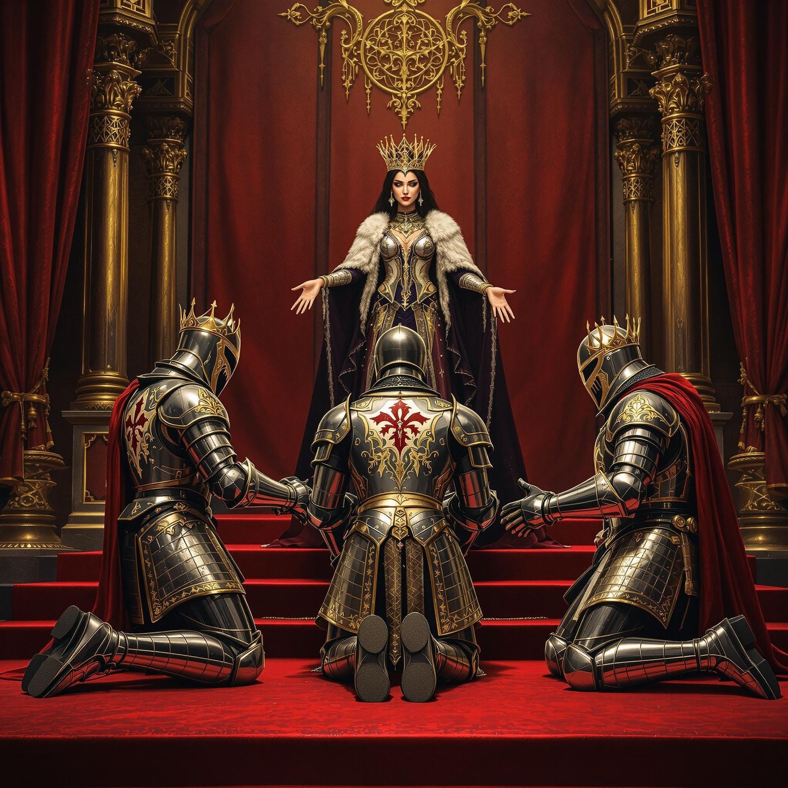 Chivalrous Knights Pledge Fealty to Majestic Queen in Opulen...