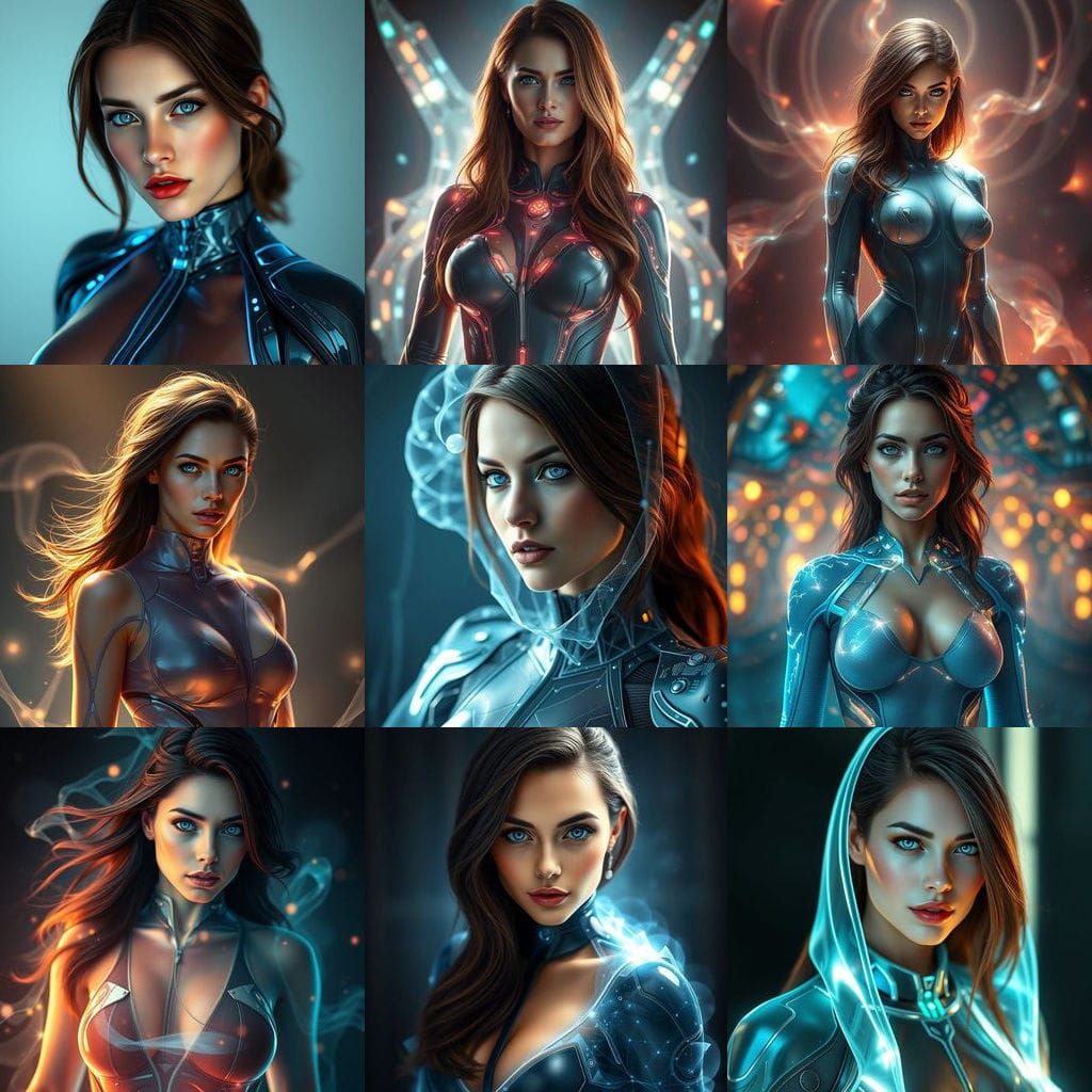 Surreal Adult Woman in Holographic Body Suit with Translucen...