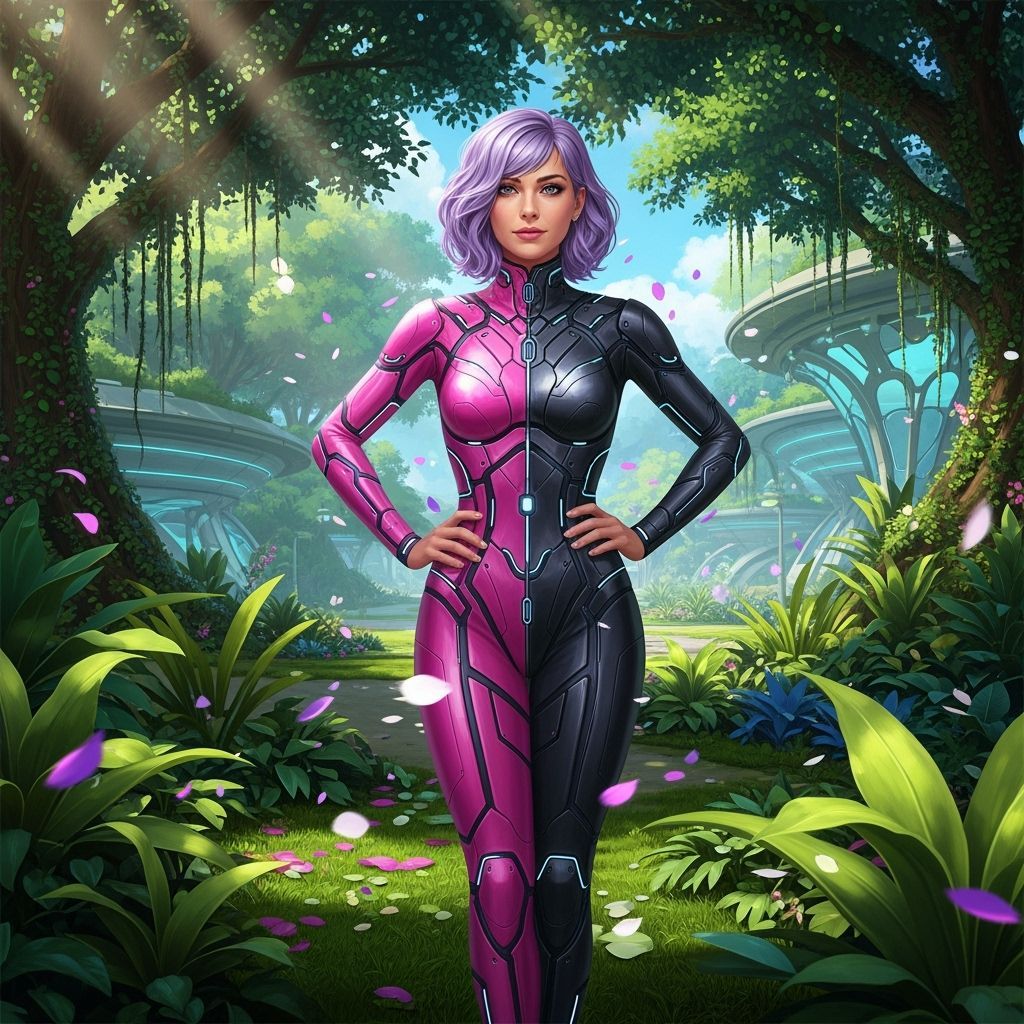 Woman in Pink Bodysuit in Park, Stylized Realism