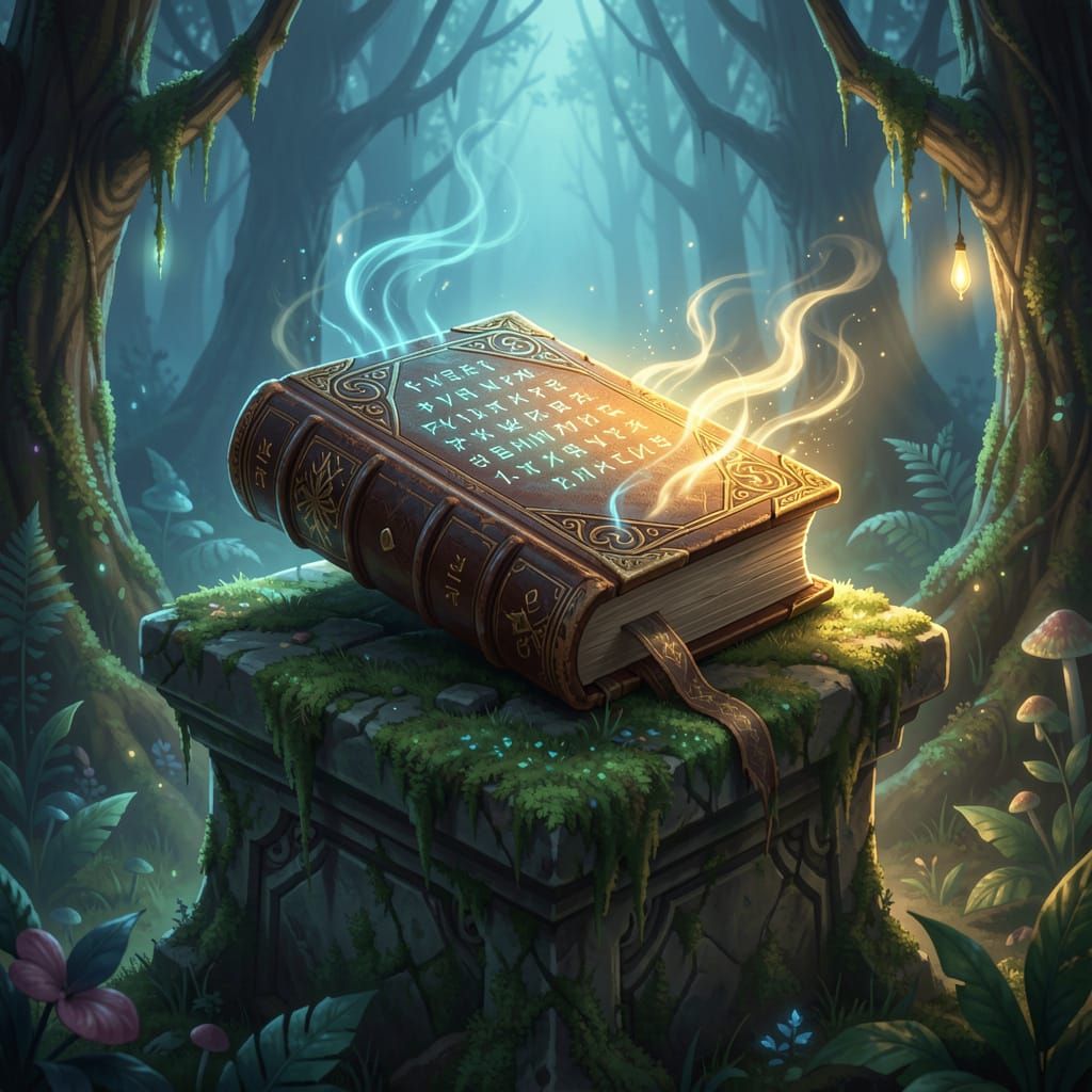 Ancient Glowing Book in Mystical Forest Fantasy Art