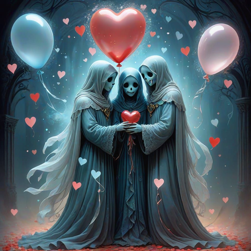 Ethereal Ghosts Hugging With Valentine Balloons