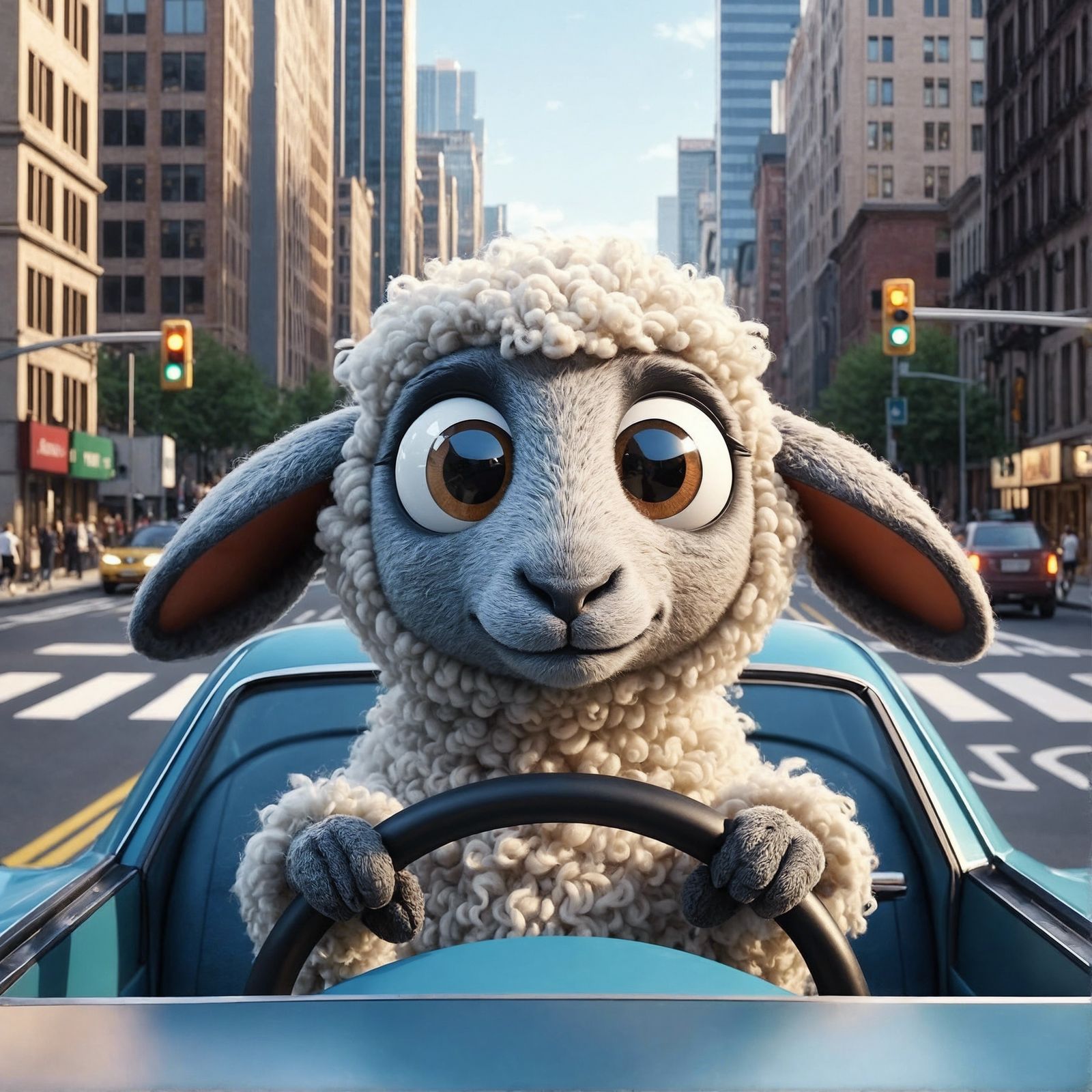 Animated Sheep Drives a Car in the City