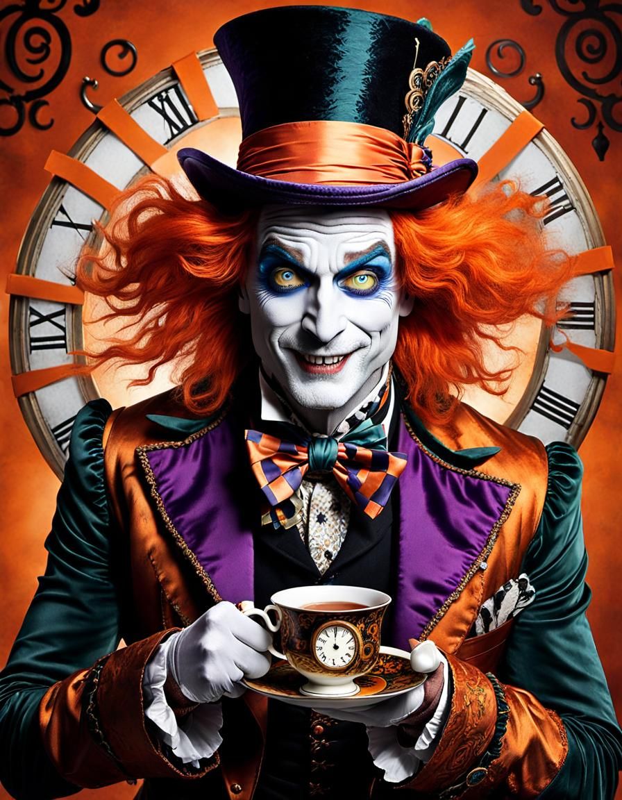(Fantasy portrait:1.5) Photo of the iconic Mad Hatter from Lewis Carroll's Alice's Adventures in Wonderland, portrayed a...