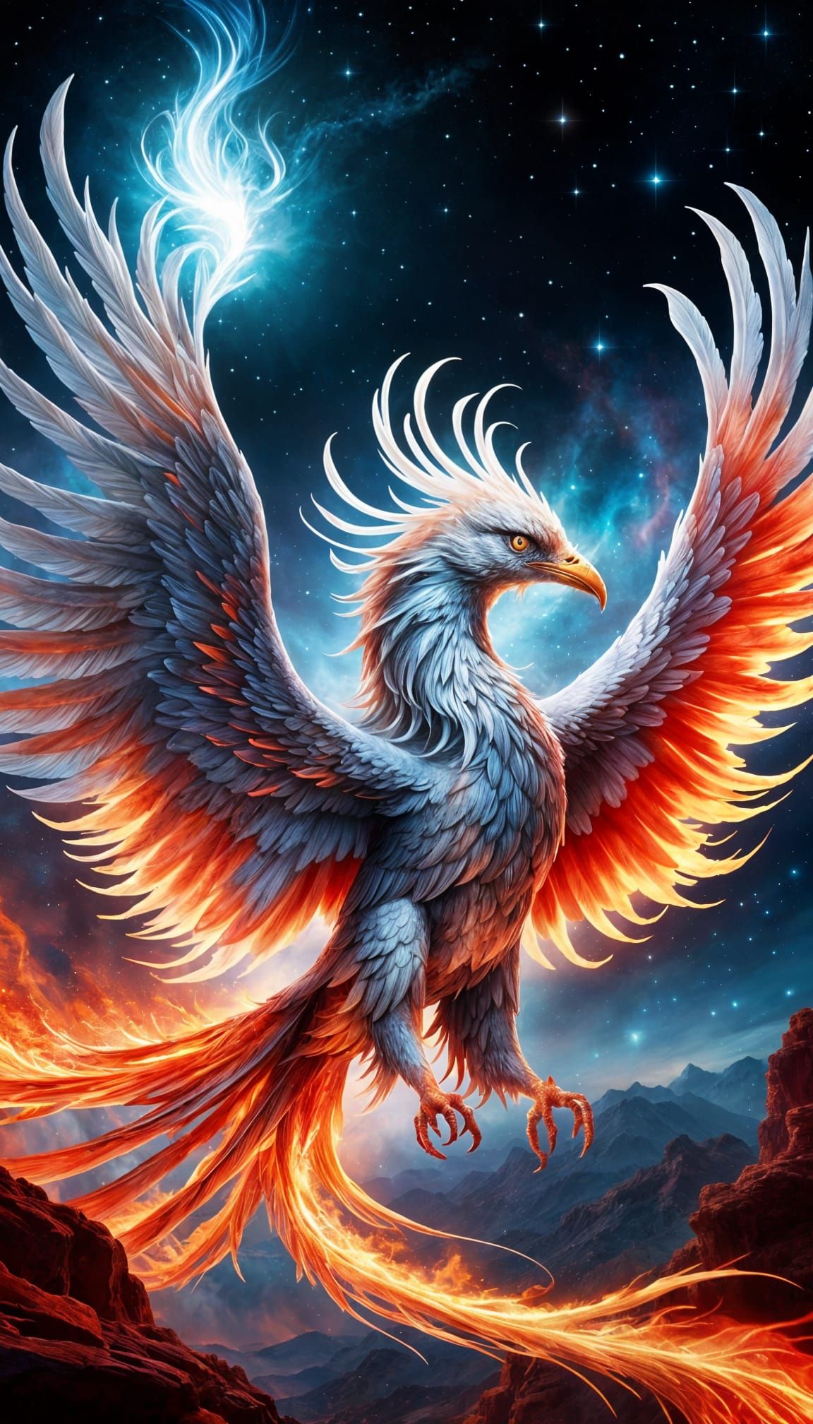 Silver Phoenix Soaring from a Mystical Nebula