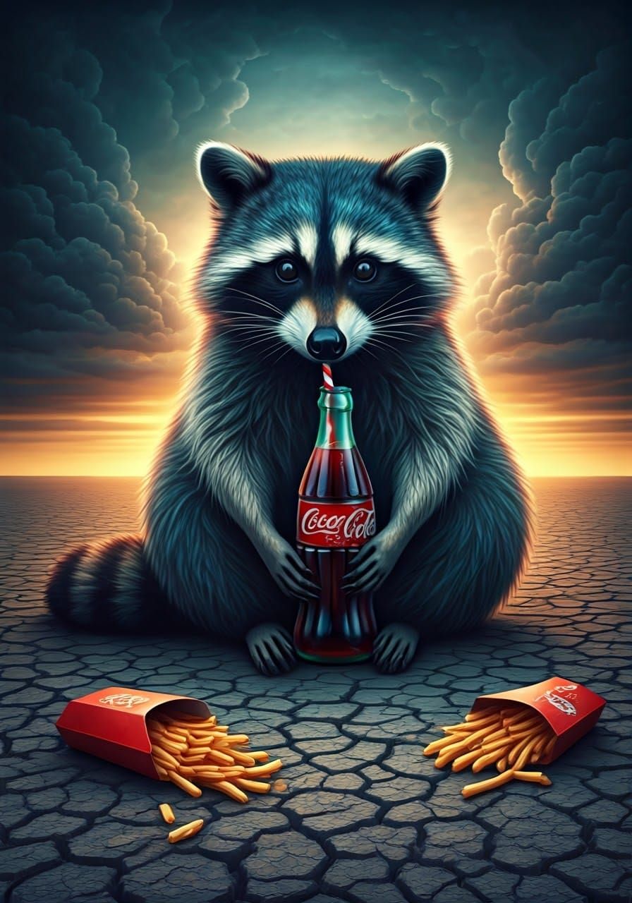 Colossal Raccoon Sipping Cola at Sunset