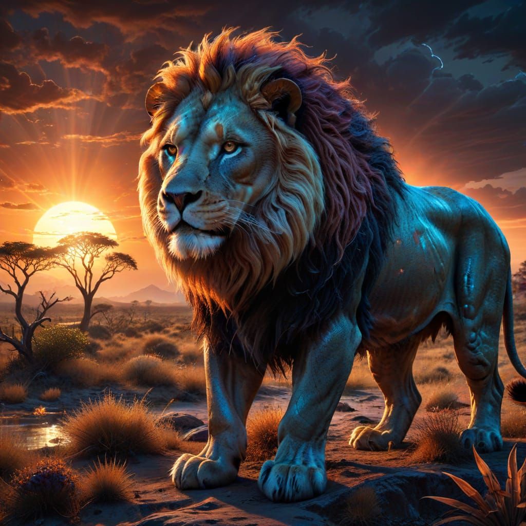 Majestic Lion on Alien Savanna Under Binary Sunset