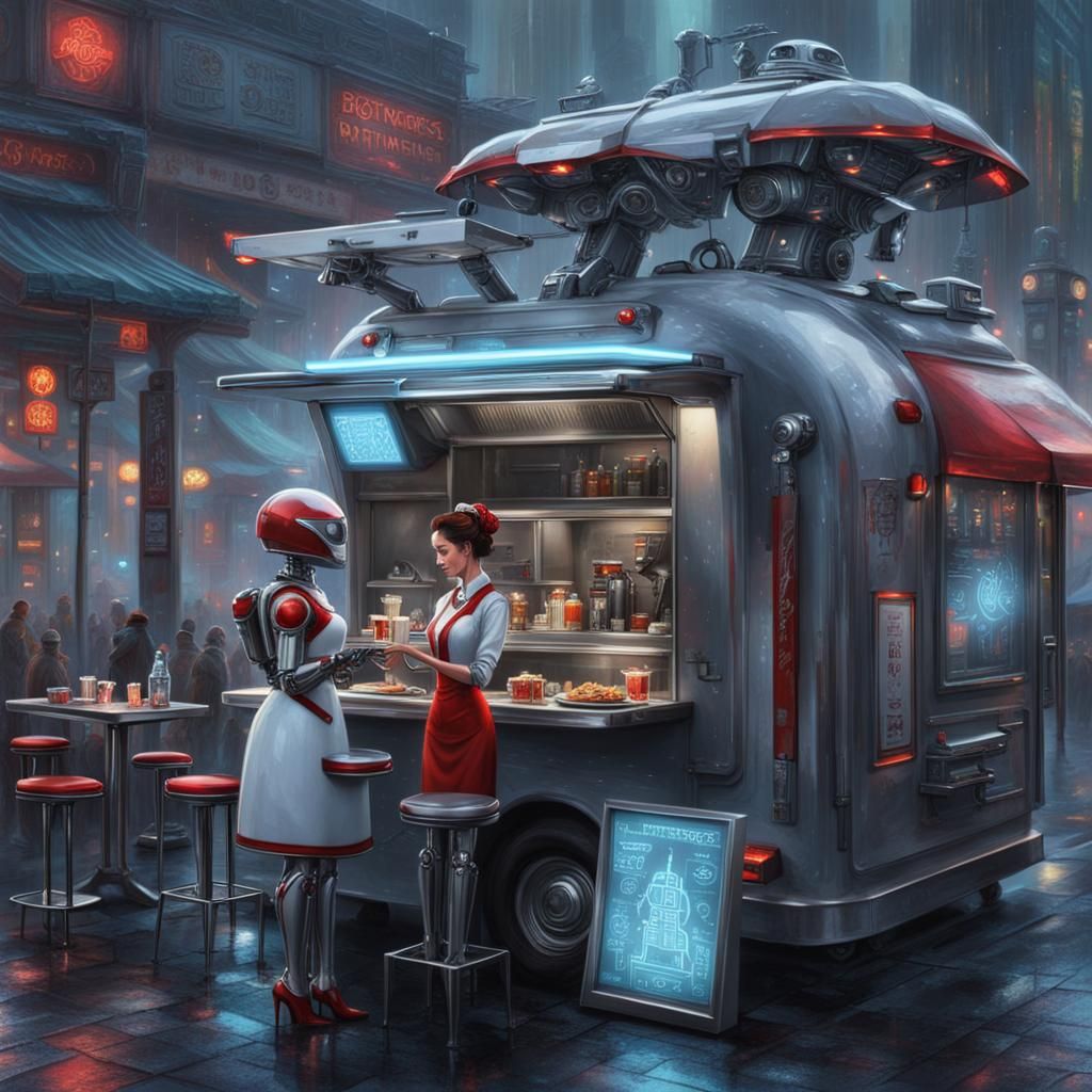 Futuristic Japanese Cityscape with Robot Waitresses