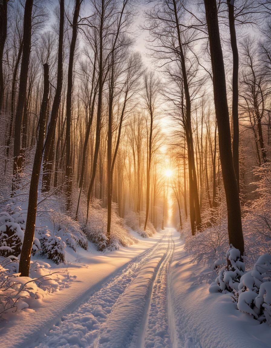Snowy Forest Road at Sunrise in the Mountains
