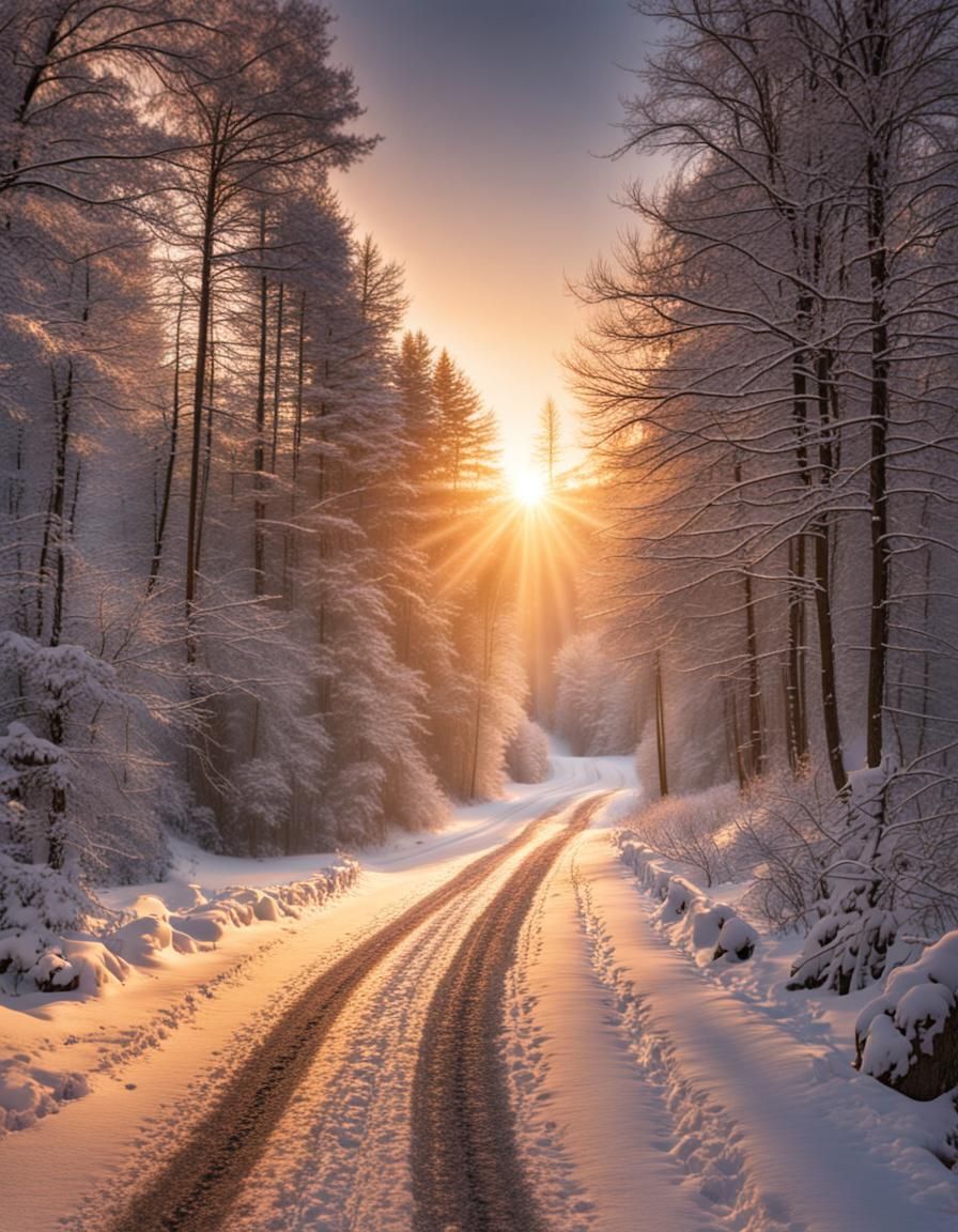 Snowy Winter Forest Landscape at Sunrise