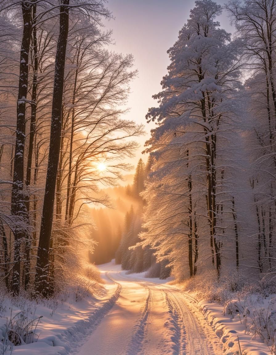 Winter Forest Landscape at Sunrise in 8k