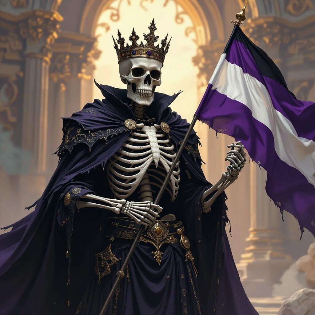 Skeleton King with Flag in Dark Fantasy Style