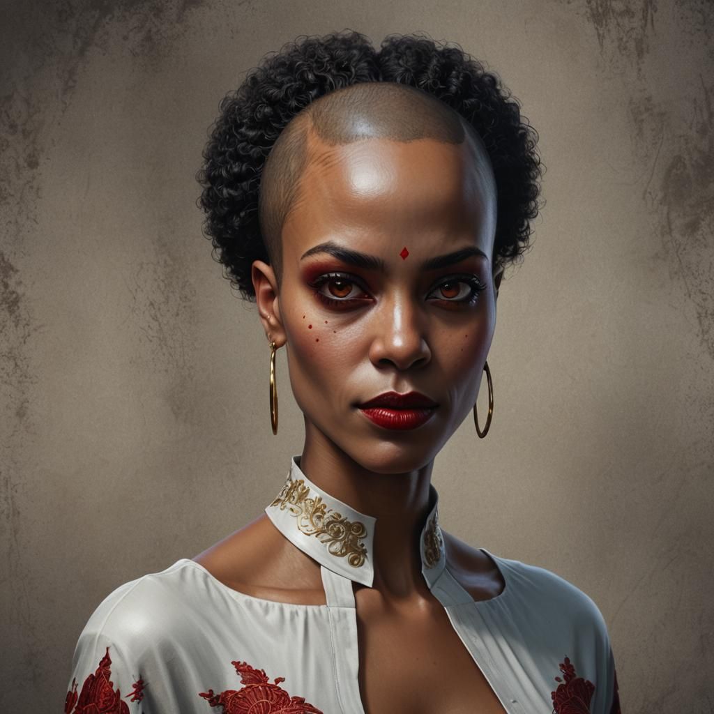 Attractive Bald Vampire Woman Portrait in Matte Painting Sty...