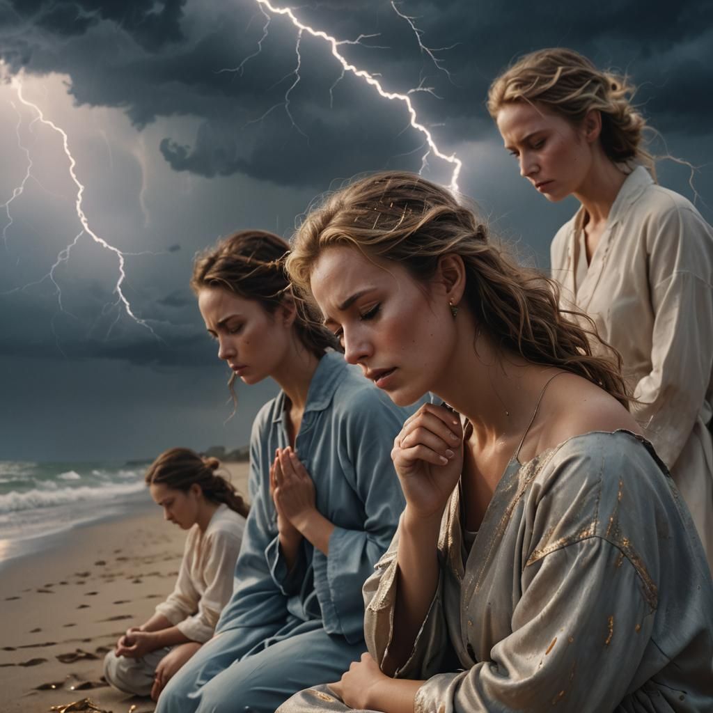 Women Pray on Stormy Beach in Hyper-Realistic Style