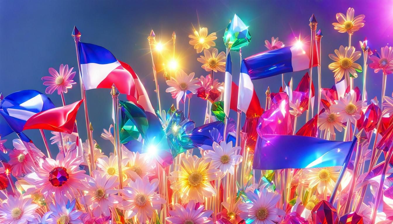 French Flags with Crystal Flowers in Surreal Style