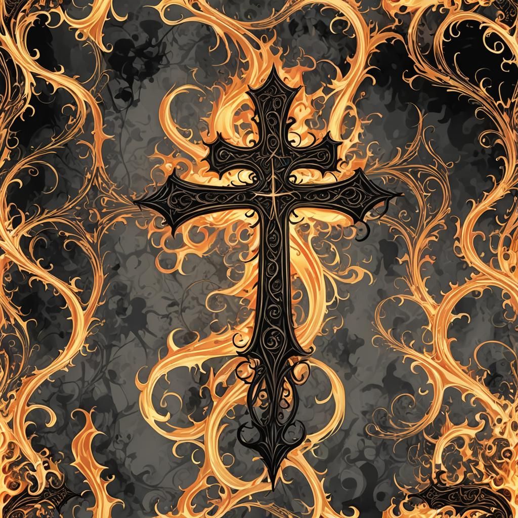 Fiery Gothic Cross: Swirling Flames Art