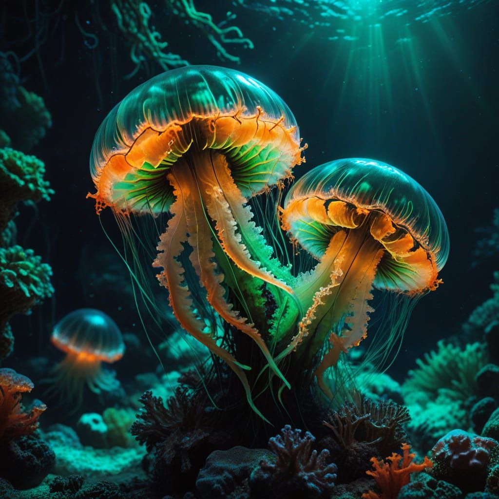 Luminescent Jellyfish in a Dark Coral Reef
