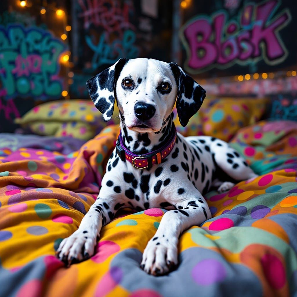 Dalmatian in Graffiti Art Style with Polka Dot Blanket