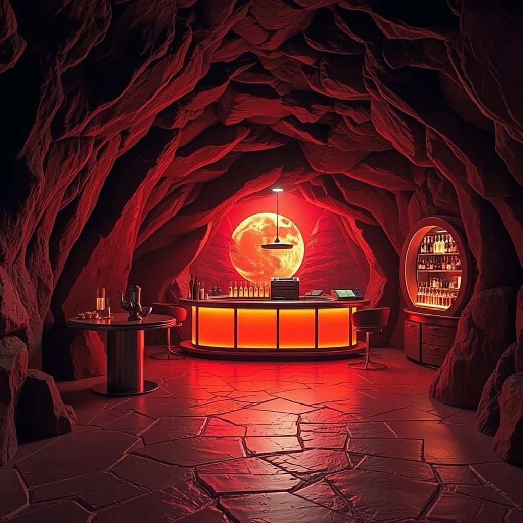 Futuristic Speakeasy Beneath Olympus Mons on Mars, in Retro-...