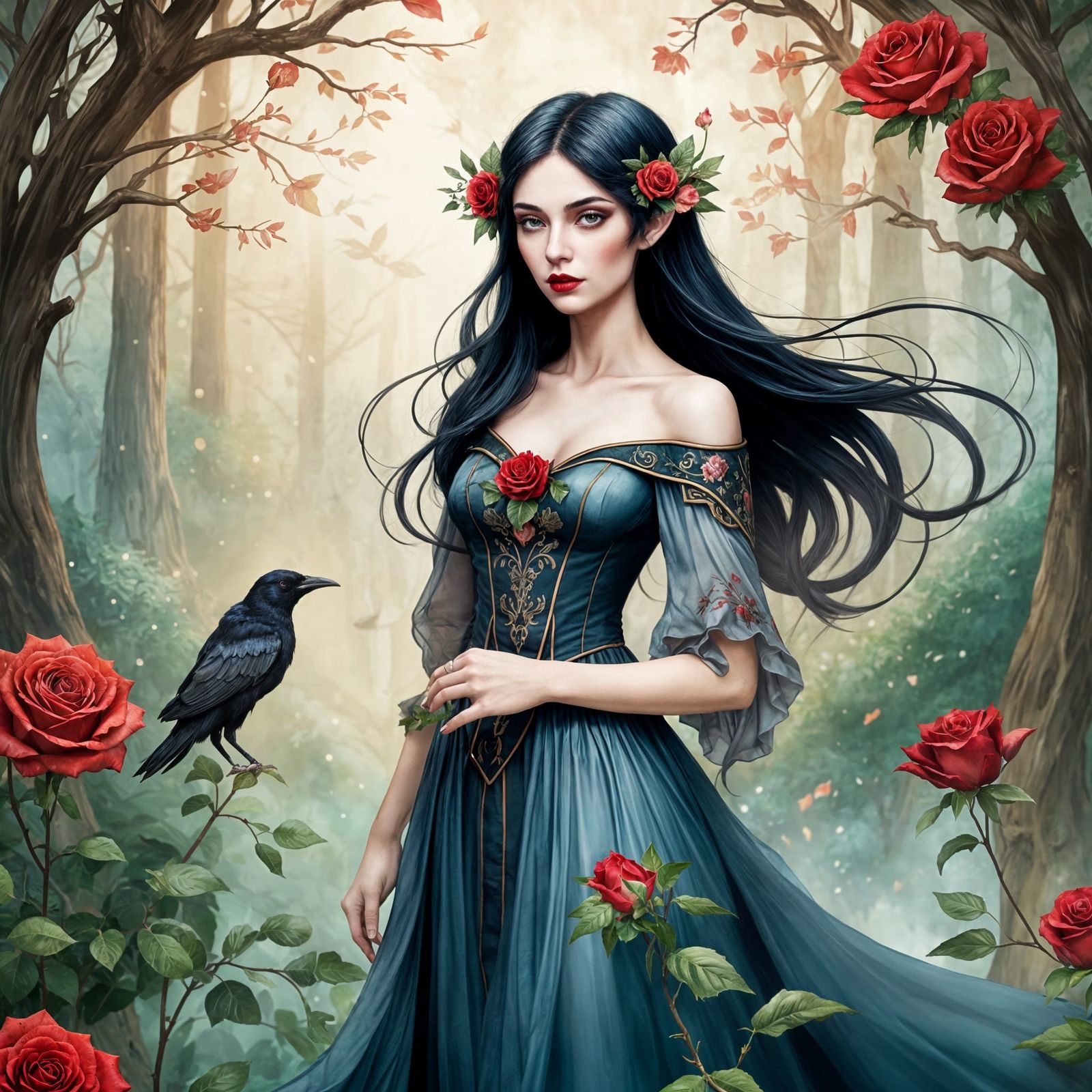 Ethereal Female Elf in Rose-Themed Watercolor Portrait