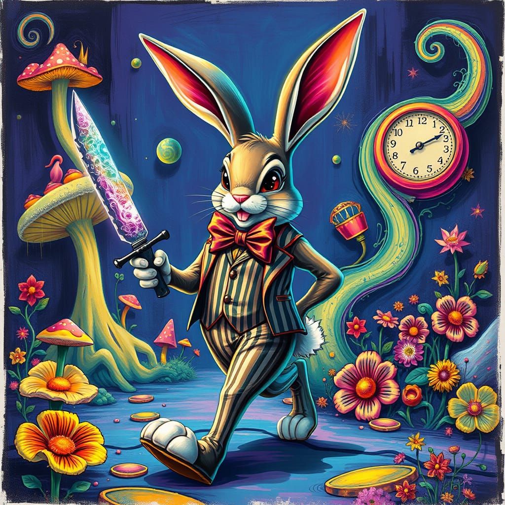 Vibrant Glitch Art Bunny Prances through Whimsical Wonderlan...
