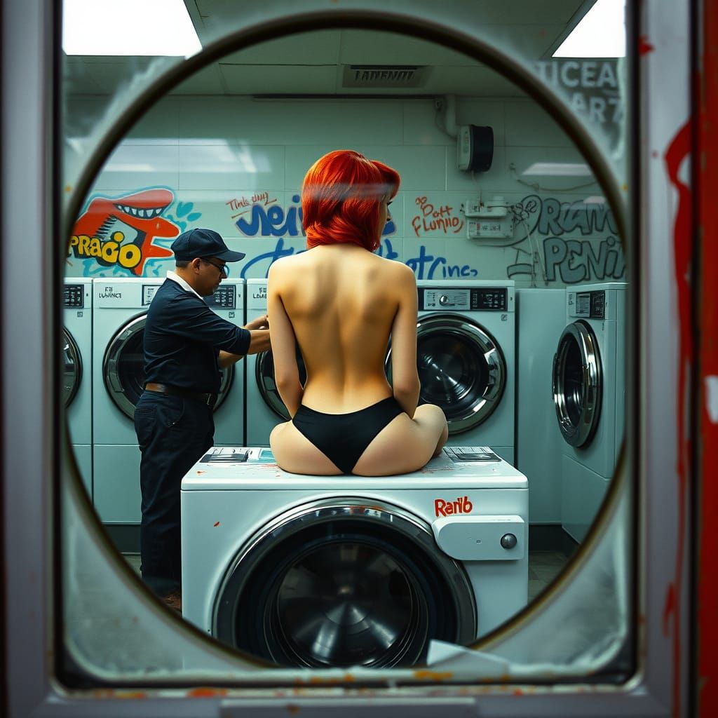Laundromat Plumber: Helmut Newton Style 80s Photo