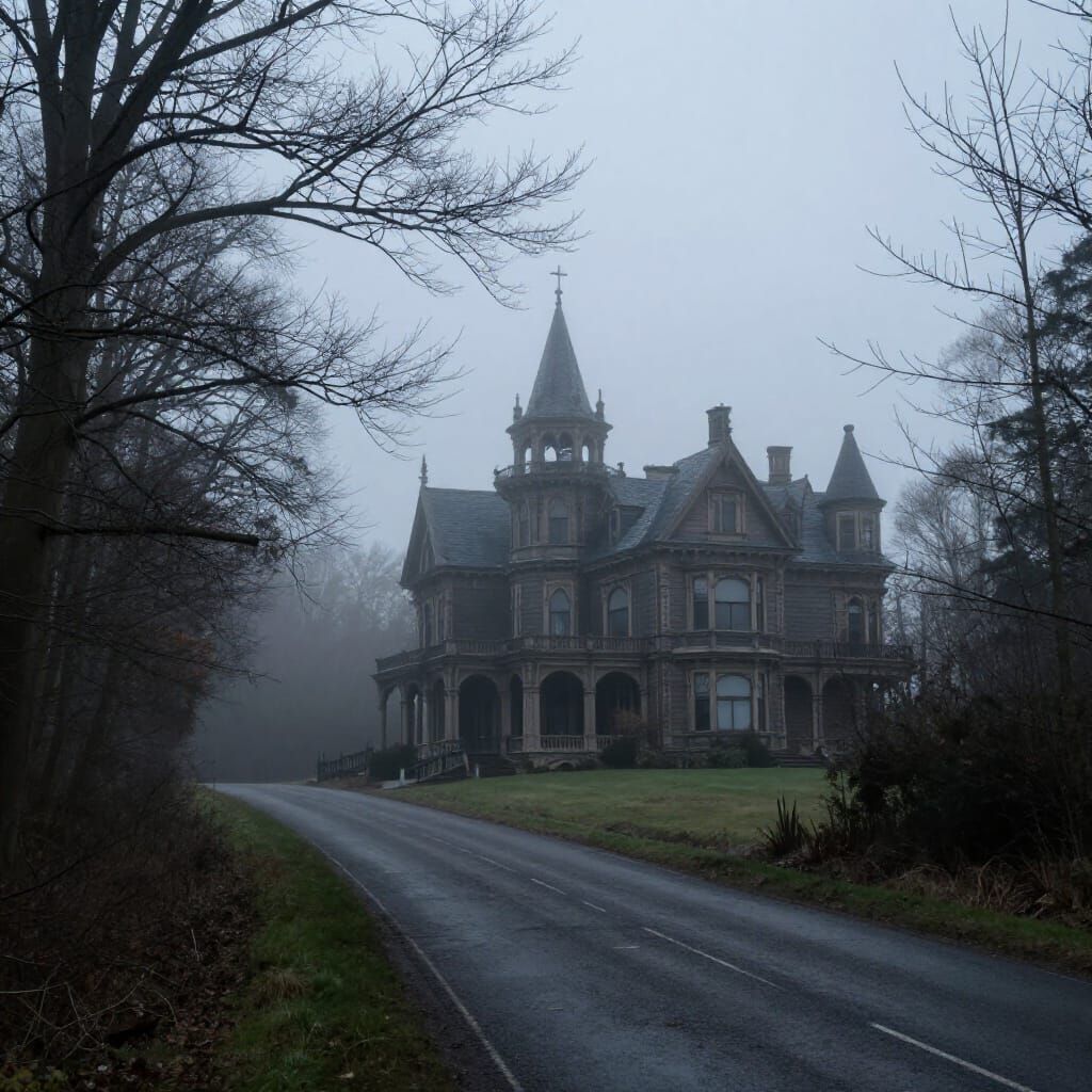 Haunting Victorian Gothic Manor in Dense Fog