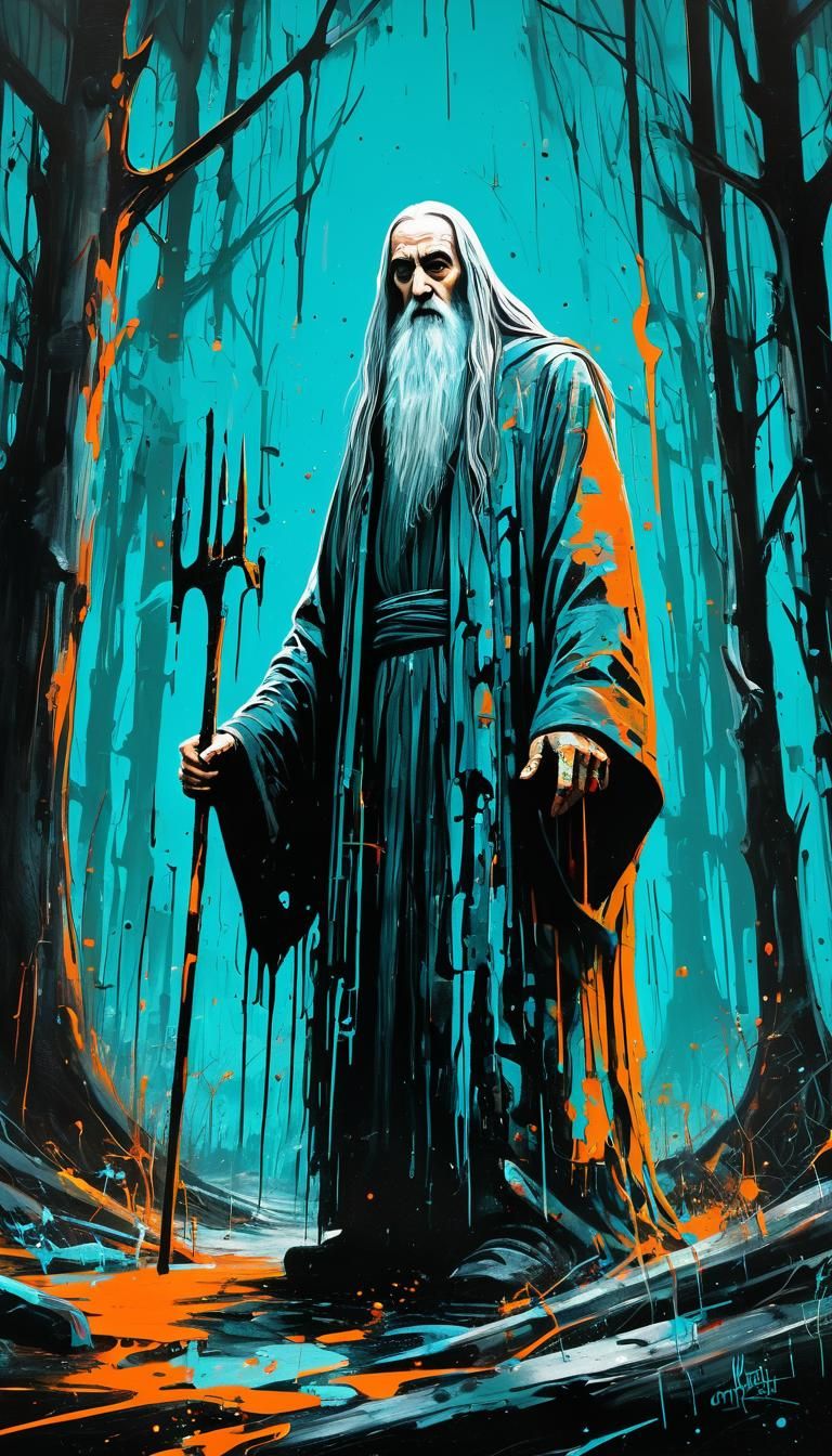 Saruman in Mystical Forest: Basquiat-Style Graffiti Art