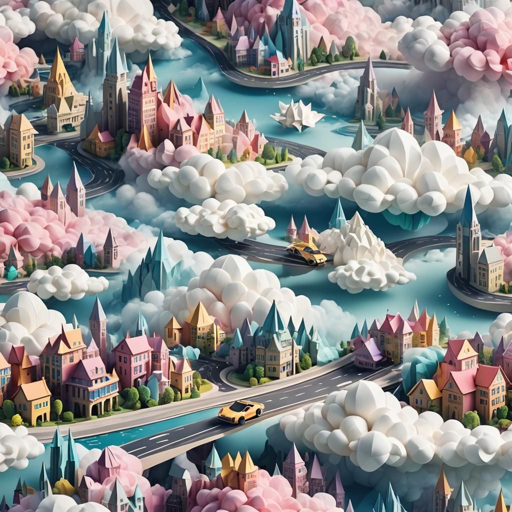 Supercar Drifting Above Fantasy Cityscape in Dreamlike Art
