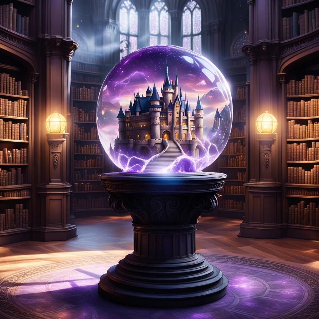 Enchanted Crystal Orb with Castle in Library