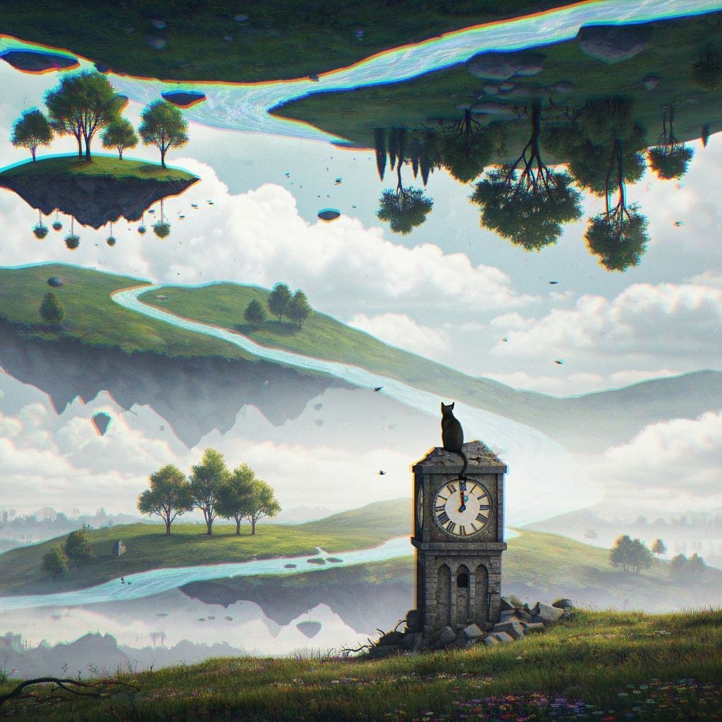 Surreal Landscape Where Time Flows Backward in Glitch Art St...
