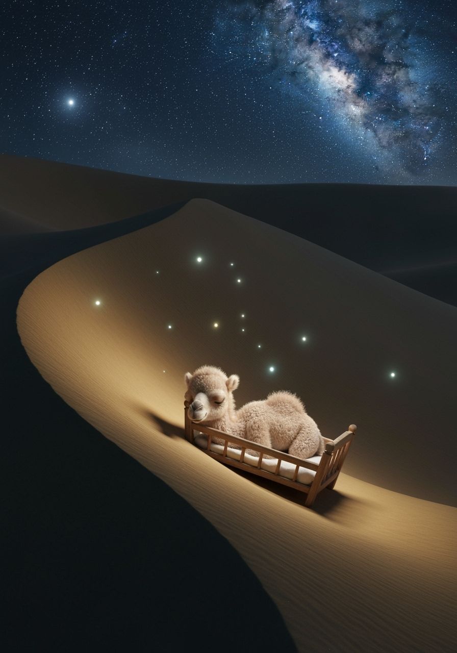 Dreamy Desert Scene: Baby Camel Asleep Under Starry Sky
