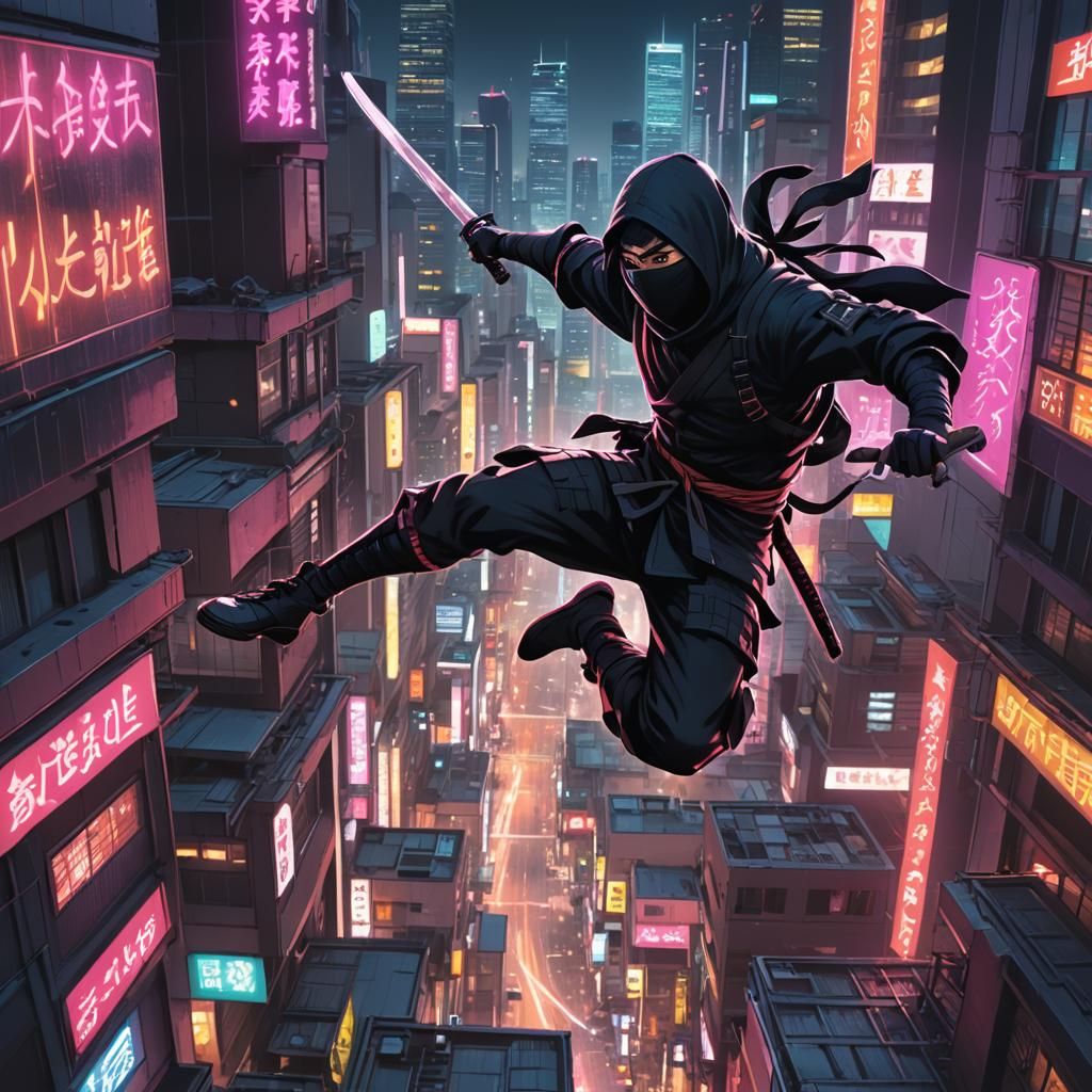 Ninja Leaps Across Neon City: Manga Scan Style