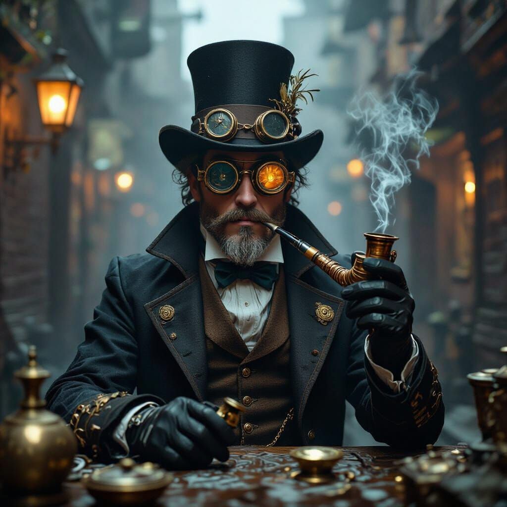 Steampunk Wizard Smoking Pipe in Victorian Alleyway