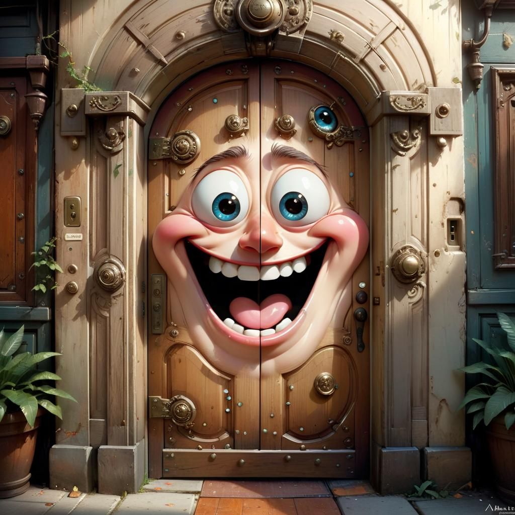 Whimsical Cartoon Door with Face in Detailed 3D