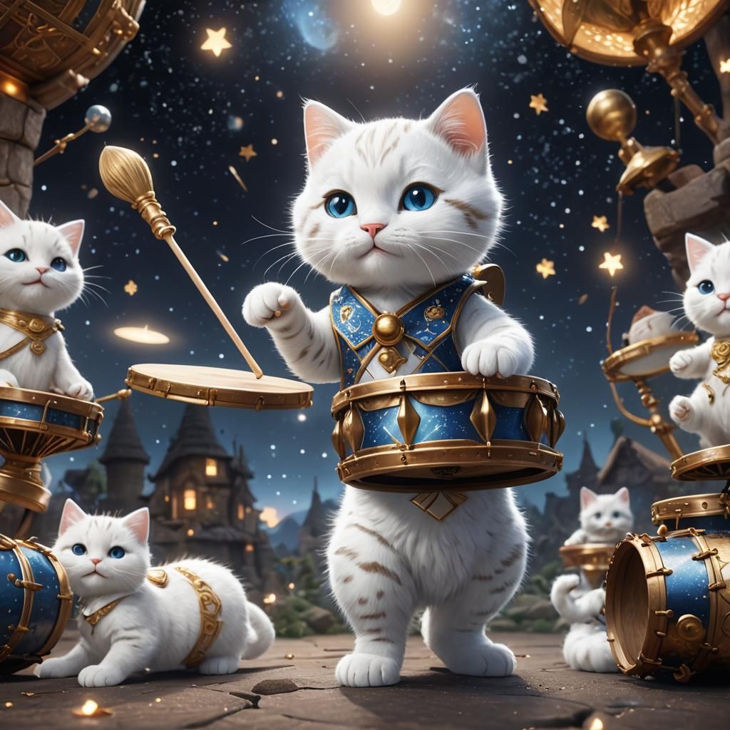 Cute Kitty Drummer in Starry Fantasy Art