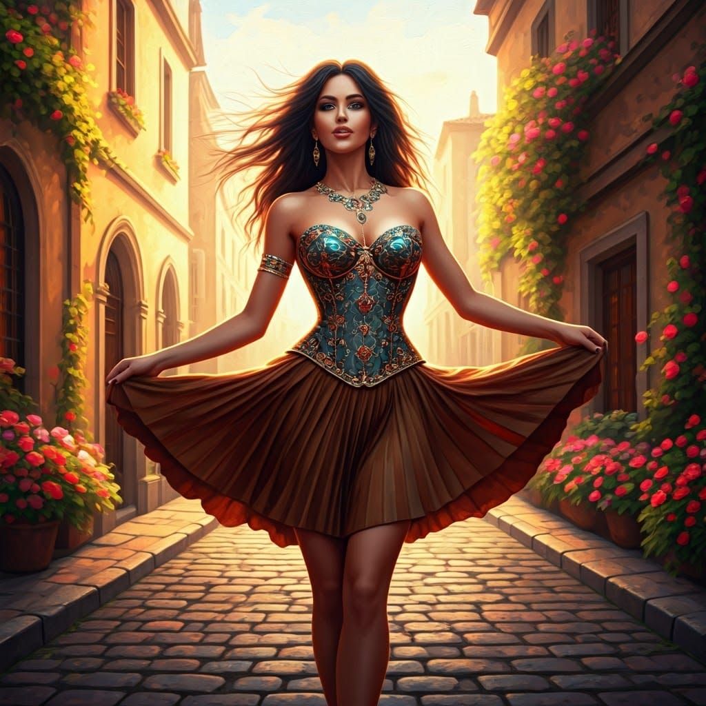 Vibrant Ballerina Dances Down Medieval Street in Impasto Sty...